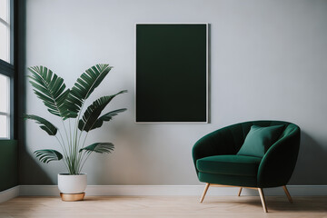 Green armchair, plant and empty poster in frame for your design. Grey wall in the background. Generative AI