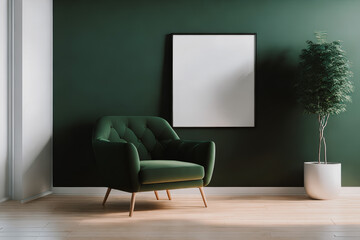 Green armchair, plant and empty poster in frame for your design. Green wall in the background. Generative AI