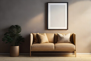 Simple composition of beige sofa and empty frame with mockup and copy space. Beige wall. Generative AI