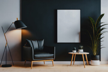 Simple composition of black armchair and empty frame with mockup and copy space. Dark wall. Generative AI