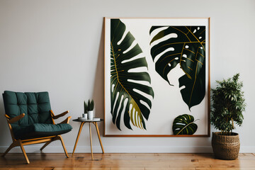 Green armchair, plant and poster in frame for your design. White wall in the background. Generative AI