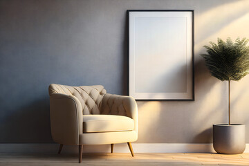 Beige armchair, plant and empty poster in frame for your design. Grey wall in the background. Generative AI