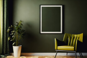 Green armchair, plant and empty poster in frame for your design. Green wall in the background. Generative AI