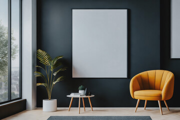 Orange armchair, plant and poster in frame for your design. Grey wall in the background. Generative AI
