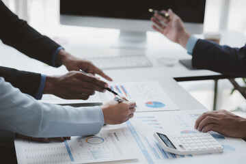 Groups of people joining in discussions, business meetings, startup company sales team meetings, brainstorming and summary of company performance. Business strategy management concept.