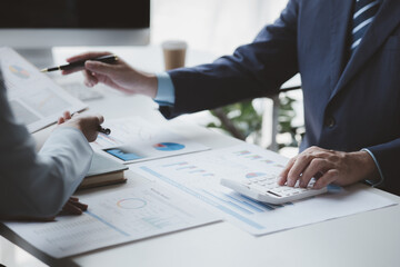 Groups of people joining in discussions, business meetings, startup company sales team meetings, brainstorming and summary of company performance. Business strategy management concept.