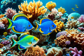 Naklejka na ściany i meble Underwater view of colourful tropical fishes, shells, starfish with beautiful natural ocean background. Life in the coral reef underwater. Wildlife concept of ecological environment. Generative AI