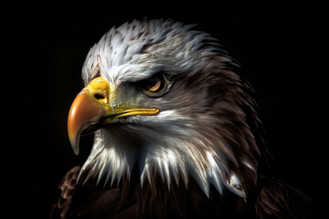Obraz premium Dark eagle portrait on black background. Digitally generated AI image