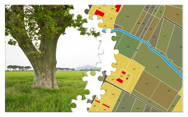 Imaginary land Ccdastral map with lone tree on a rural scene with rural buildings, fields and land...