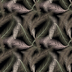 Leaves of palm tree. Seamless pattern. Vector background. Forest exotic illustration print on black