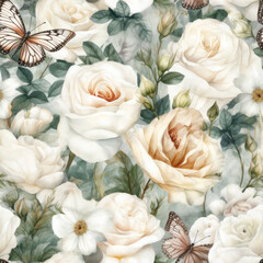 Seamless Watercolor Roses Pattern, Floral Background, Generative AI