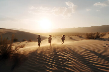 Happy children running in desert on sunset. Digitally generated ai image. Not an actual real people.