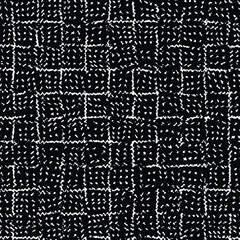 Black and white eroded net. Little white squares irregular weft. Seamless repeating texture. Canvas effect. Great as a background or for texturing. Vector image.