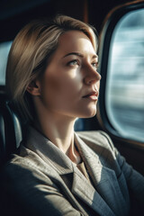 Fototapeta na wymiar A 32-year-old successful blonde businesswoman sits elegantly in her limousine, gazing out the window, contemplating her next big move in the corporate world. Generative AI