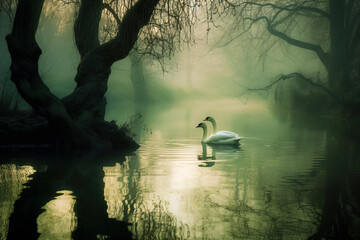 Dreamlike swan in a beautiful lake and forest wi dense fog - obrazy, fototapety, plakaty