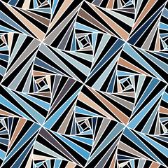 Seamless geometric striped pattern with multicolored triangles in shades of blue, black, and brown on white background. Modern ethnic style. Abstract texture. Decorative vector illustration.