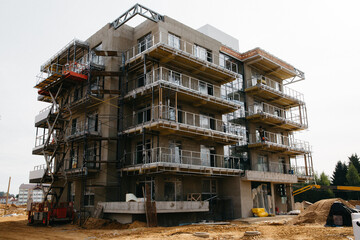 Fragment of Modern residential apartment with flat buildings exterior. Detail of New luxury house and home complex. Part of City Real estate property and condo architecture