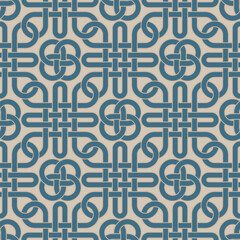 Seamless abstract geometric pattern with interlaced monochrome blue lines. Traditional ornamental Chinese style. Chain mesh. Decorative vector illustration for textile, wrapping, print, and web. 