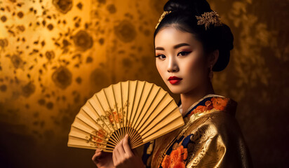 A beautiful Japanese girl dressed in a traditional golden outfit holds a paper fan, captured in a golden light, in a blend of vintage and contemporary traditional interior Asia design. generative AI