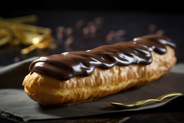 Fresh eclair with chocolate glaze. Digitally generated AI image
