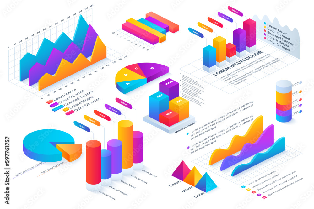 Poster Isometric infographic. 3D graph chart. Data circle or line visualization. Graphic number analysis. Steps on business timeline. Finance diagram presentation. Vector statistics elements set