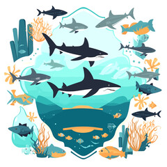 marine aquarium, aquatic reserve, ocean life, cartoon vector illustration. label, sticker, t-shirt printing