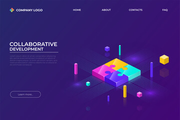 3D puzzle. Partnership technology. Landing page. Infographic for startup. Collaboration for development. Business jigsaw building. Website design template. Vector isometric concept