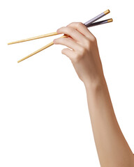 Hand holding wooden chopsticks on transparent background