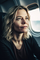 Fototapeta na wymiar Gazing out the window, a 40-year-old blonde businesswoman reflects on her success. Flying in style, she savors the business class comfort, poised and proud. Generative AI