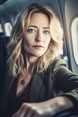 Obraz na płótnie Canvas Gazing out the window, a 40-year-old blonde businesswoman reflects on her success. Flying in style, she savors the business class comfort, poised and proud. Generative AI