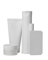 Different white cosmetic bottles on transparent background. Mockup.