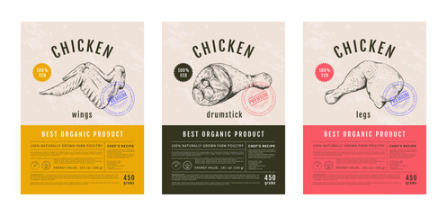 Food label design. Chicken retro package, tag or sticker for poultry product, sketch meat banner for market. Craft butcher farm packaging. Hand drawn sketch elements. Vector template