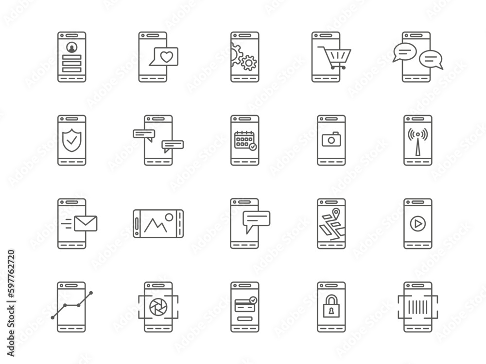 Aufkleber mobile line symbols. cellphone payment. screen lock icons. statistics smartphone function. setting a