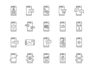 Obraz na płótnie Canvas Mobile line symbols. Cellphone payment. Screen lock icons. Statistics smartphone function. Setting and search gear. Notification service. Phone application. Vector app pictograms set