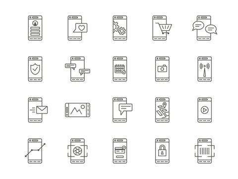 Mobile line symbols. Cellphone payment. Screen lock icons. Statistics smartphone function. Setting and search gear. Notification service. Phone application. Vector app pictograms set