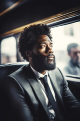A 45-year-old, Afro American businessman gazes out the window of his luxurious limousine, savoring his hard-earned success, ready to conquer the world. Generative AI
