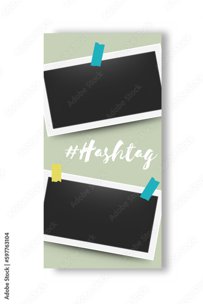 Fototapete Social media editable story frames. Moment photos. Photographs attached to adhesive tape. Colorful templates set for network with copy space. Vector snapshot vertical web banner design