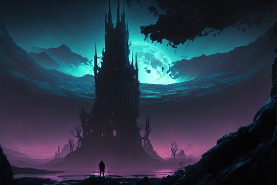 A dark medieval fantasy landscape with a tall black Romanesque tower, silhouetted against the full moon.