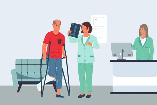 Patient examination. Injured man visiting doctor in hospital. Broken leg x-ray. Guy with crutch. Traumatologist professional consultation. Ill person treatment. Vector illustration