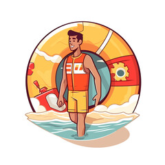 Fototapeta na wymiar Guarded beach. Lifeguard watching swimming pool. cartoon vector illustration. label, sticker, t-shirt printing