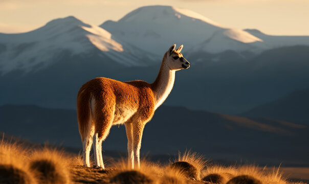 Photo of guanaco (Lama guanicoe) standing majestically on windswept Andean plateau, with snow-capped mountains & clear blue sky in the background. its fur is highlighted by golden light. Generative AI