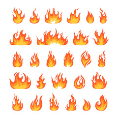 Fire flame. Cartoon hot burning bonfire, red and yellow logo shapes, orange red blaze silhouette, energy or heat symbols, flammable warning signs. Logotype flaming elements. Vector icon set