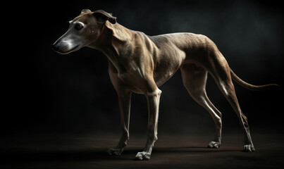 Photo of Greyhound, the epitome of grace and speed, captured in a classic greyhound racing setting emphasizing the sleek lines and powerful physique of the dog. Generative AI