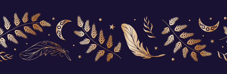 Magic seamless border. Moon, ferns, summer grasses, golden feathers, night sky, stars. Vector illustration. Halloween, witchcraft, astrology, mysticism. For wallpaper, fabric, wrapping, background