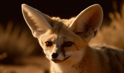 Obraz premium Photo of fennec in the wild: captured in its natural desert habitat, its ears alert and its eyes fixed on its prey.