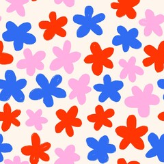 Fototapeta premium Hand drawn seamless pattern of tiny ditsy flowers. Blue yellow orange floral print on light pastel background, vintage retro minimalist style, small daisy nature art, spring summer garden five petals