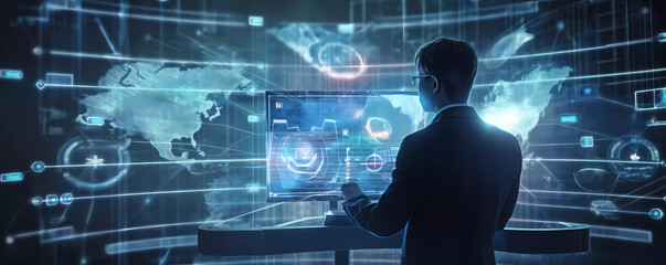 Digital technology, internet network connection, big data, digital marketing IoT internet of things. Man using modern computer surfing internet futuristic innovative technology background