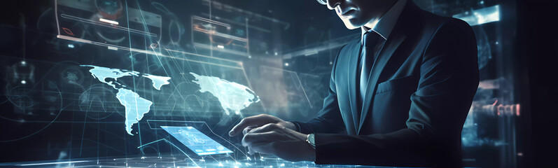 Digital technology, internet network connection, big data, digital marketing IoT internet of things. Man using modern computer surfing internet futuristic innovative technology background