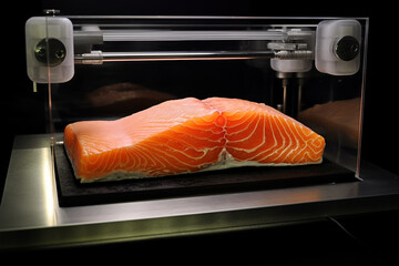 The concept of technology, fish steak printed on a 3D printer. Generate AI