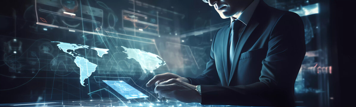 Digital technology, internet network connection, big data, digital marketing IoT internet of things. Man using modern computer surfing internet futuristic innovative technology background